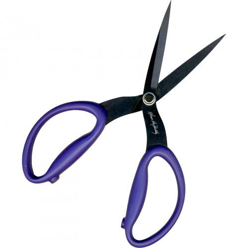 Perfect Scissors by Karen Kay Buckley in the Large (KKB001) size has a soft, purple grip and wide open handles with a 7 1/2” micro-serrated cutting blade and protective plastic cover. Photo shows the open pair of scissors.