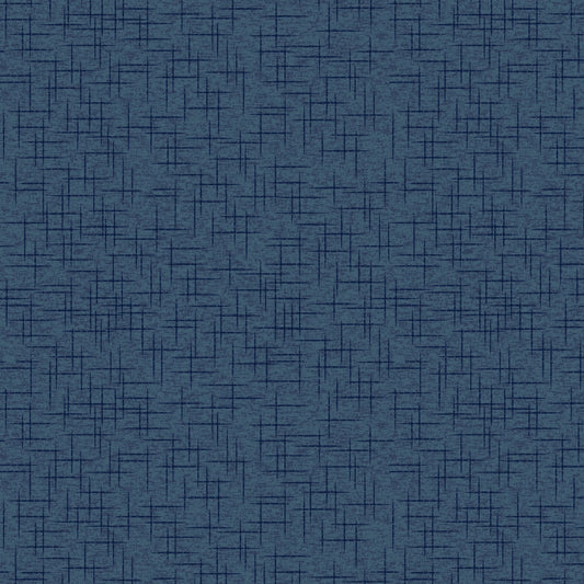 Linen texture in navy is part of the Kimberbell Basics line designed by Kimberbell for Maywood Studio. This fabric features navy tone on tone linen texture, making it the perfect blender to use in any quilting project. The photo is a swatch that shows the detail of the tone on tone hash mark detail.