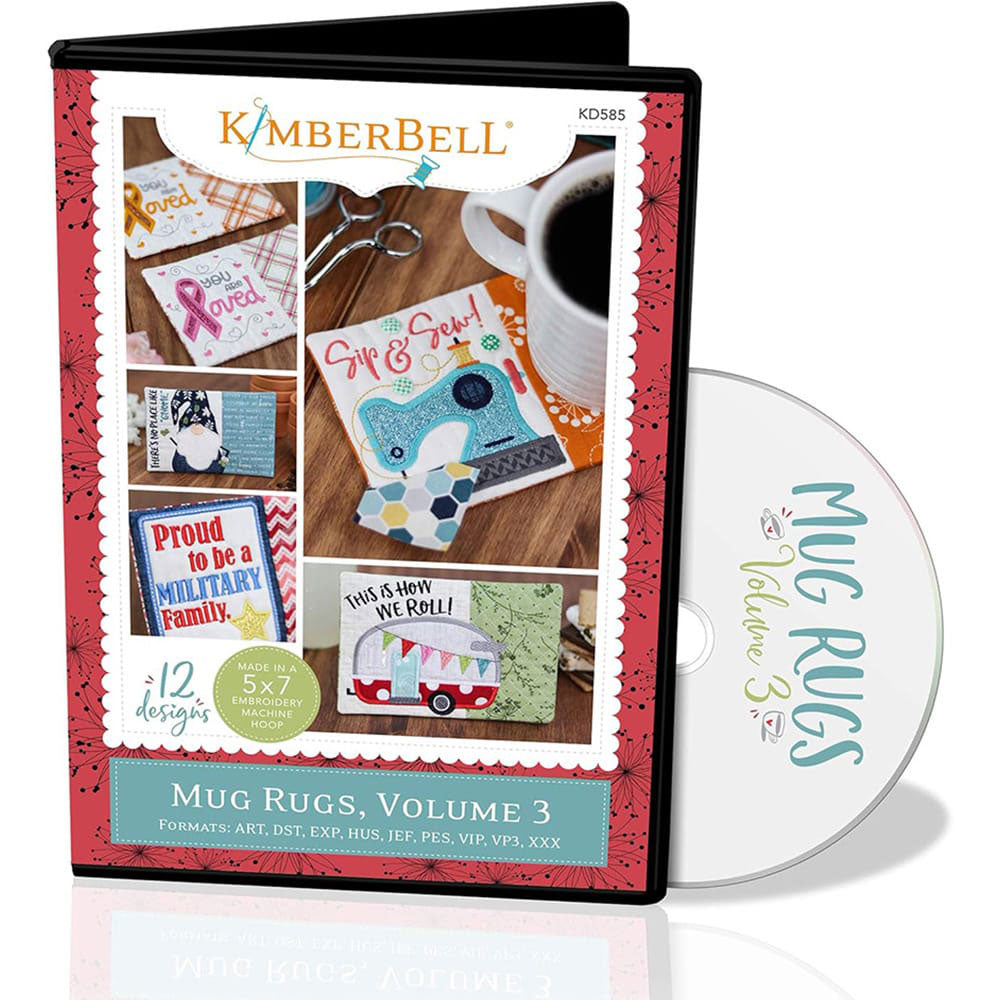 Kimberbell Mug Rug pattern for machine embroidery features small projects with fun sayings to liven up a desk or table. This photo shows the front of the package and cd with the files preloaded on it.