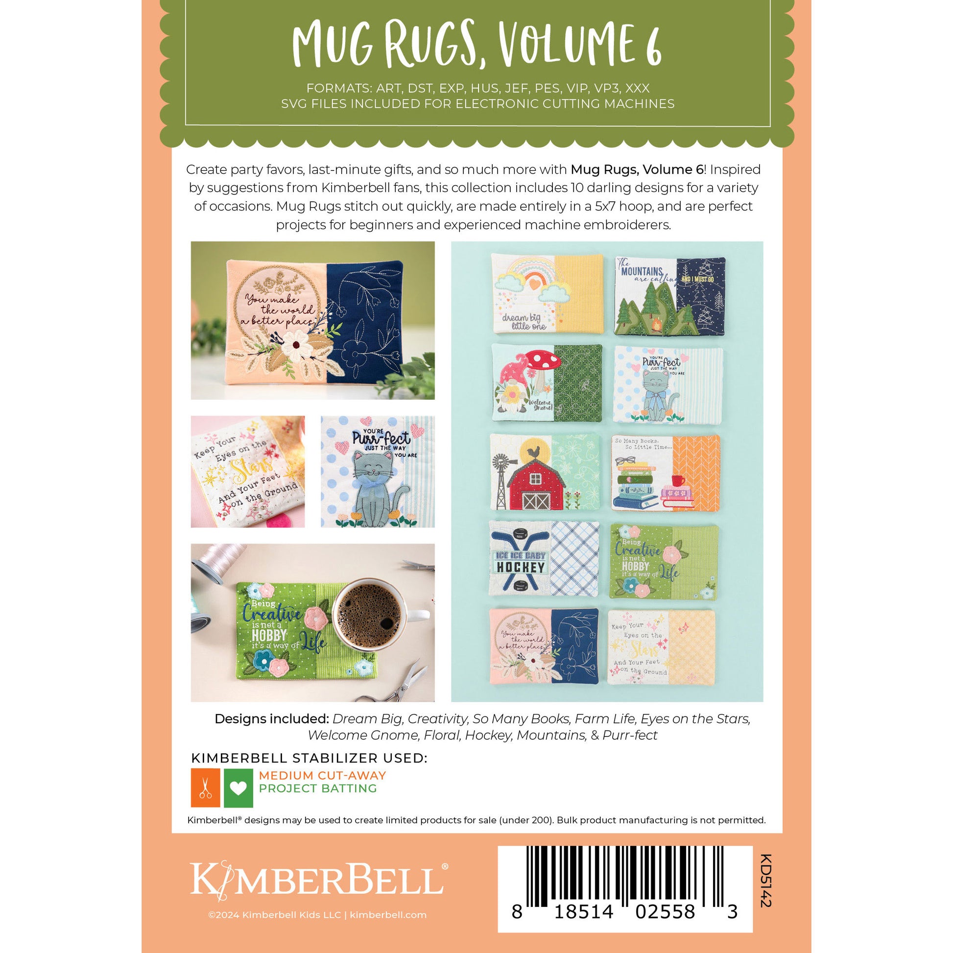 Kimberbell Mug Rugs Vol 6 expands the themes of mug rugs, and includes themes like hockey, barns, books, cats, and more. This photo shows the back cover of the product and includes a sample of each design included and the stabilizers necessary to complete the project.