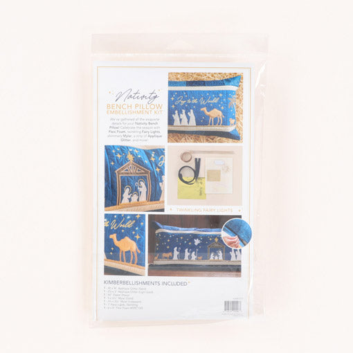 We’ve gathered all the exquisite details for your Nativity Bench Pillow by Kimberbell (KD127) in the Nativity Bench Pillow Embellishment Kit (KDKB1279)! Celebrate the season with Flexi Foam, twinkling Fairy Lights, shimmery Mylar, a strip of Applique Glitter, and more! Photo shows the package back.