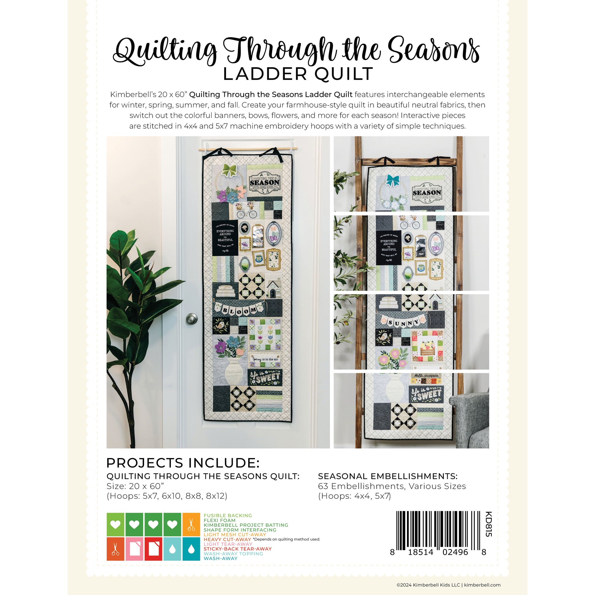 Kimberbell’s 20 x 60” Quilting Through the Seasons (KD815) quilt features interchangeable elements for winter, spring, summer, and fall. Make the basics of the quilt, and then add seasonal embellishments. Photo features the back of the pattern.