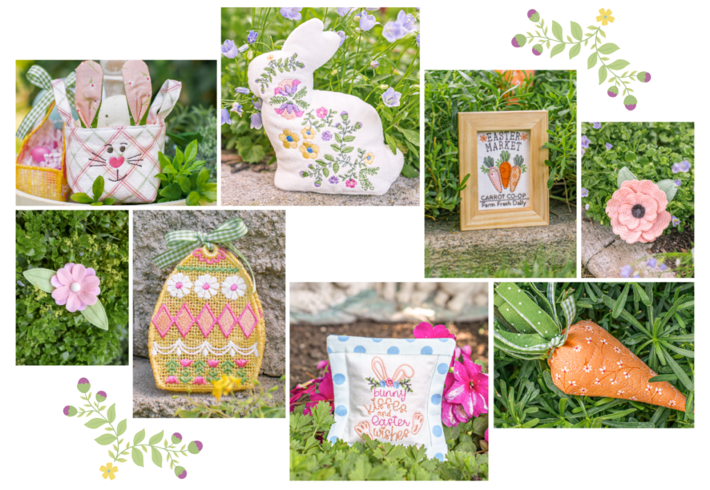 During the Kimberbell Easter Tier Tray Event, you will make 8 adorable projects to place on your tier tray. They include: 2 felt flowers, a bunny basket, a lace egg basket, bunny stuffie, mini pillow, framed carrot seed packet, and stuffed carrot.