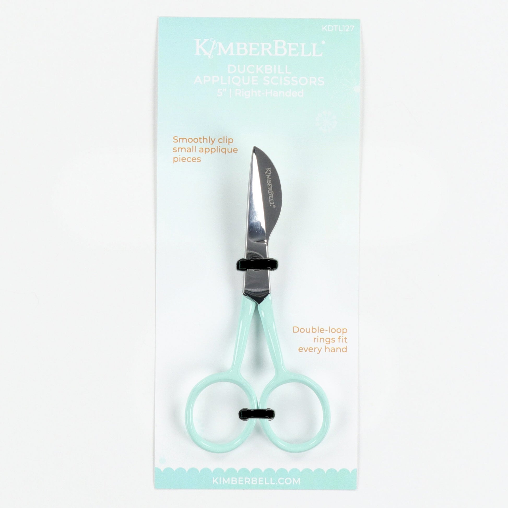 Kimberbell Duckbill Scissors with a mint handles in packaging on a white background