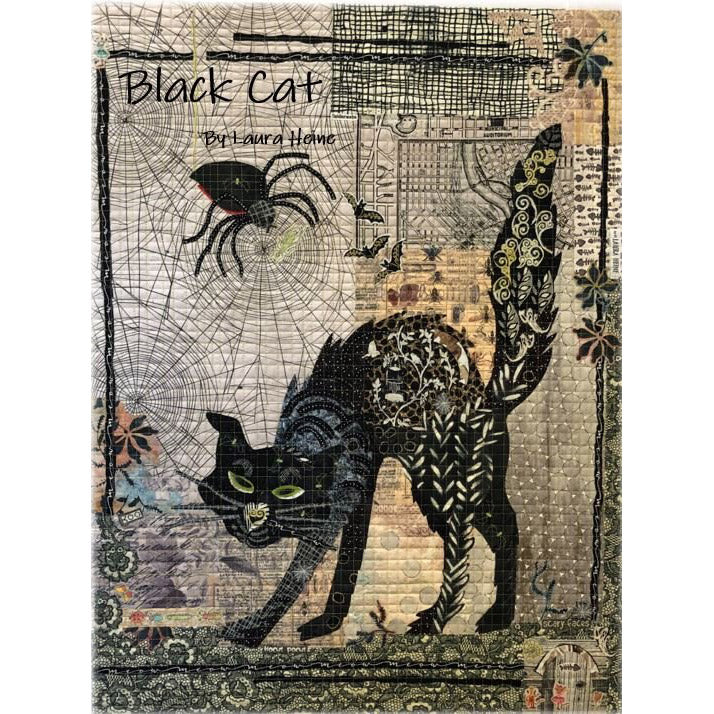 Be daring with this unique black cat collage pattern by Laura Heine! It features a fierce feline, spider web, and spider, creating a statement piece that will be sure to challenge your creativity. The photo features the finished project.
