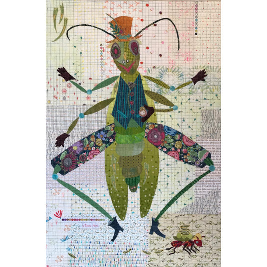 This Mr. Peabody collage pattern by Laura Heine features a loveable grasshopper in a hat and boots and is sure to please! With its quirky and fun design, you'll find yourself hopping with joy. The photo features the finished project.