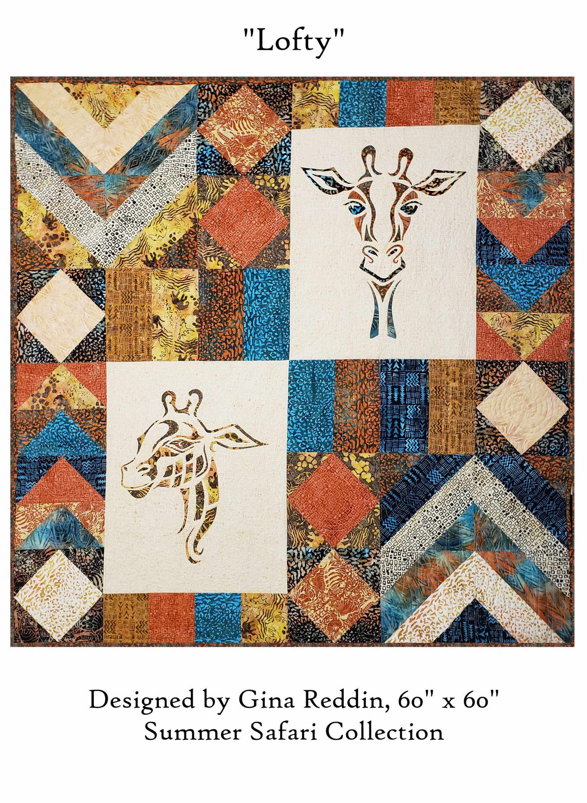 Features quilt with two applique giraffes surrounded by simple stripes, triangles and squares in brown, orange, and blue tones.