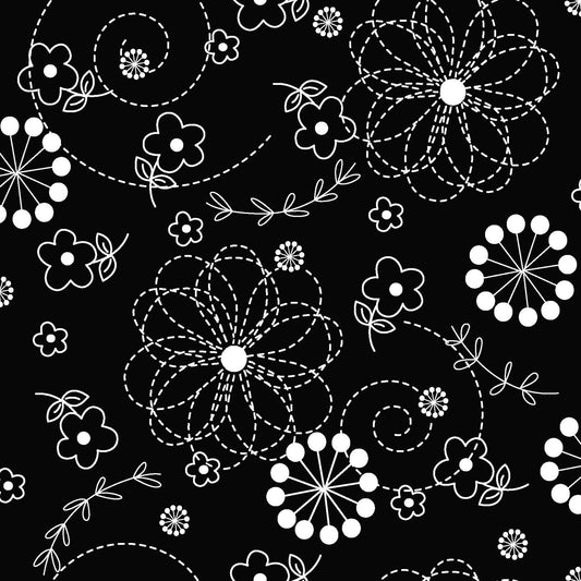 White on Black Doodles is part of the Kimberbell Basics line designed by Kim Christopherson for Maywood Studio. This fabric features white, Pin-stitched flowers and dandelion bursts on a black background. It is perfect for adding variety to any project and the pattern and color blend seamlessly with other Kimberbell Basic fabrics.