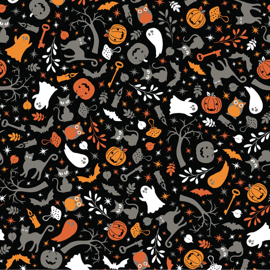 The Cats and Ghosts print on a black background (MAS10571-J) from the Pumpkin and Potions line by Kimberbell for Maywood Studio features black cats, ghosts, pumpkins, owls, bats, spooky trees, and more. Photo shows details of the designs.