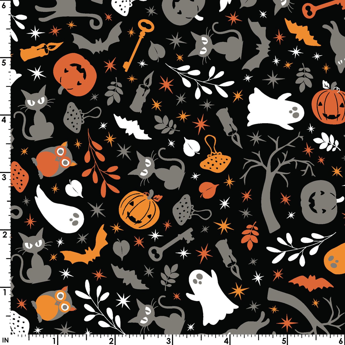The Cats and Ghosts print on a black background (MAS10571-J) from the Pumpkin and Potions line by Kimberbell for Maywood Studio features black cats, ghosts, pumpkins, owls, bats, spooky trees, and more. Photo shows details of the designs with a ruler to show the scale.