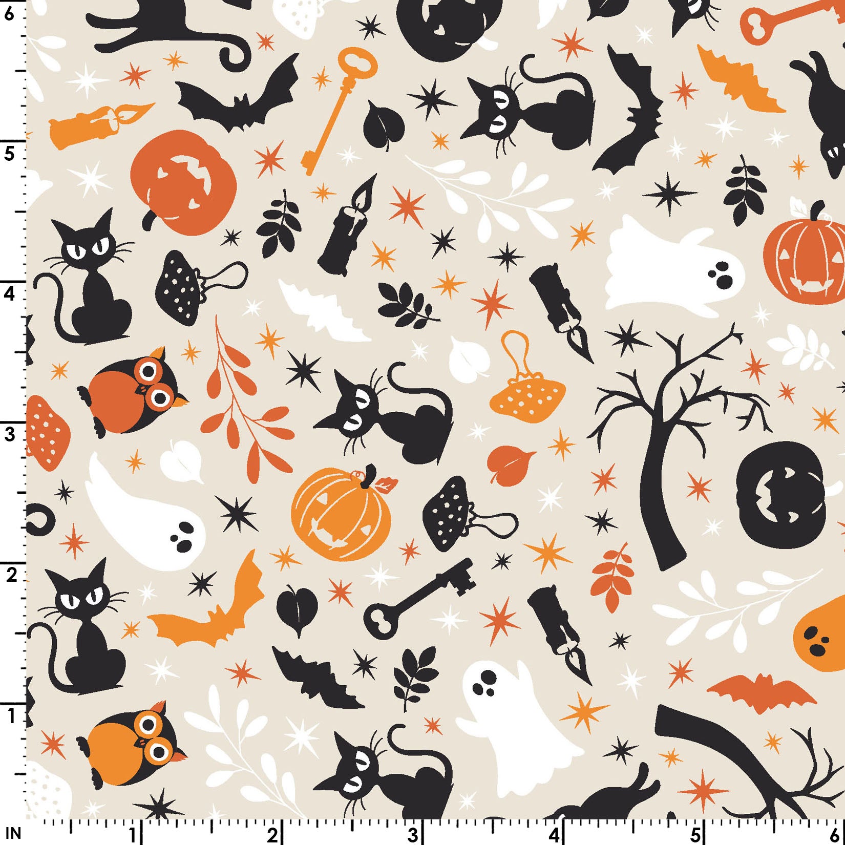 The Cats and Ghosts print on a cream background (MAS10571-E) from the Pumpkin and Potions line by Kimberbell for Maywood Studio features black cats, ghosts, pumpkins, owls, bats, spooky trees, and more. Photo shows details of the designs with a ruler to show the scale.