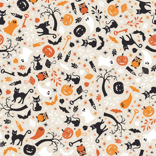 The Cats and Ghosts print on a cream background (MAS10571-E) from the Pumpkin and Potions line by Kimberbell for Maywood Studio features black cats, ghosts, pumpkins, owls, bats, spooky trees, and more. Photo shows details of the designs.