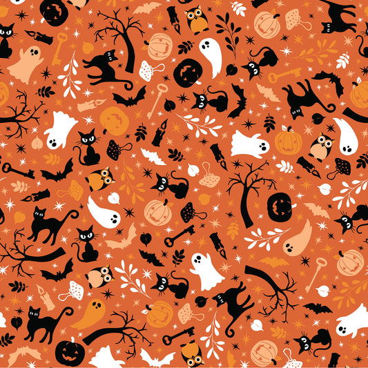 The Cats and Ghosts print on a orange background (MAS10571-O) from the Pumpkin and Potions line by Kimberbell for Maywood Studio features black cats, ghosts, pumpkins, owls, bats, spooky trees, and more. Photo shows details of the designs.
