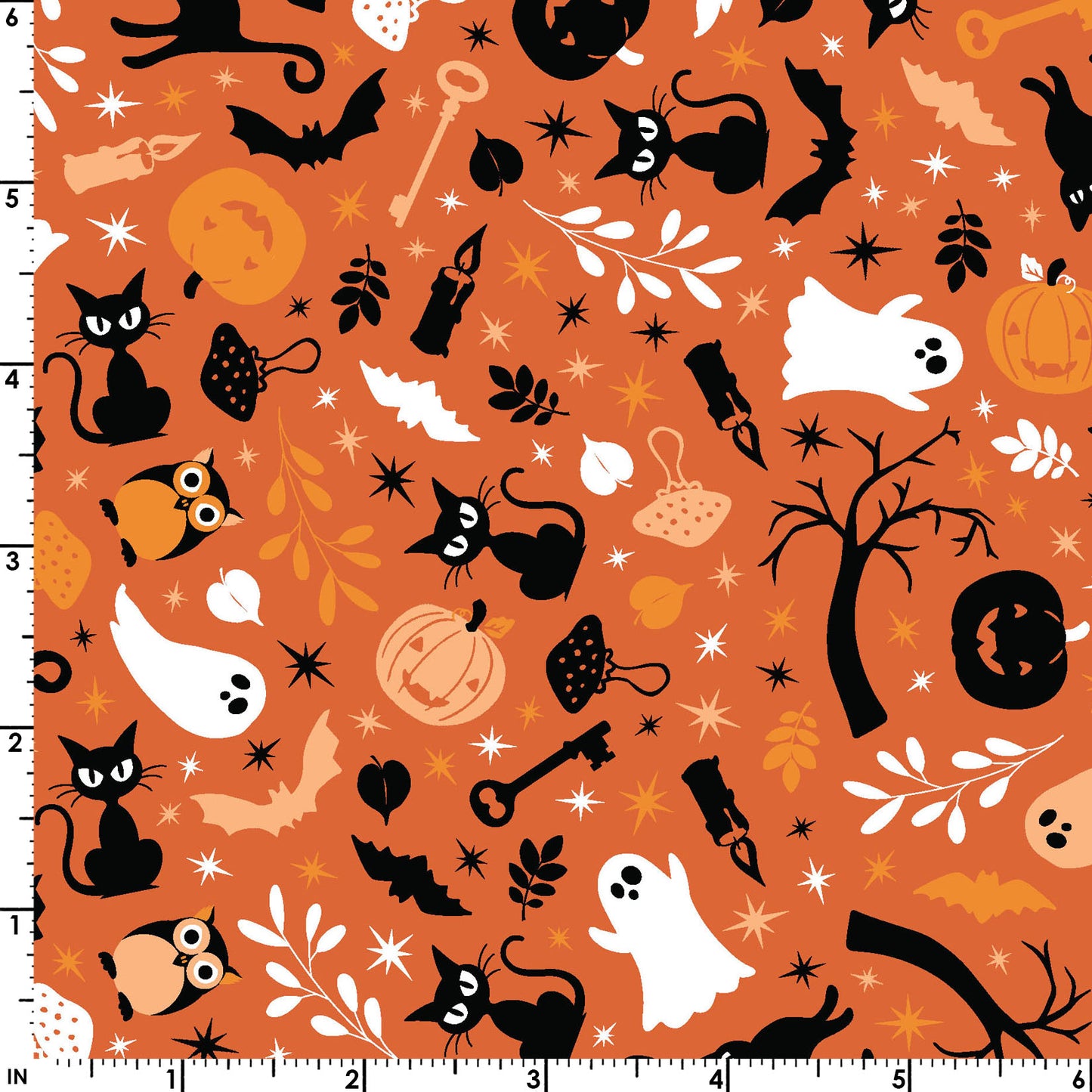 The Cats and Ghosts print on a orange background (MAS10571-O) from the Pumpkin and Potions line by Kimberbell for Maywood Studio features black cats, ghosts, pumpkins, owls, bats, spooky trees, and more. Photo shows details of the designs with a ruler to show the scale.