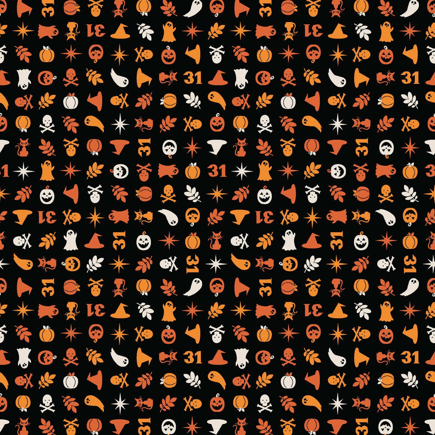 The Halloween Charms print in black (MAS10573-J) from the Pumpkin and Potions line by Kimberbell for Maywood Studio features pumpkins, witch hats, ghosts, cats, spiders and more. Photo shows details of the designs.
