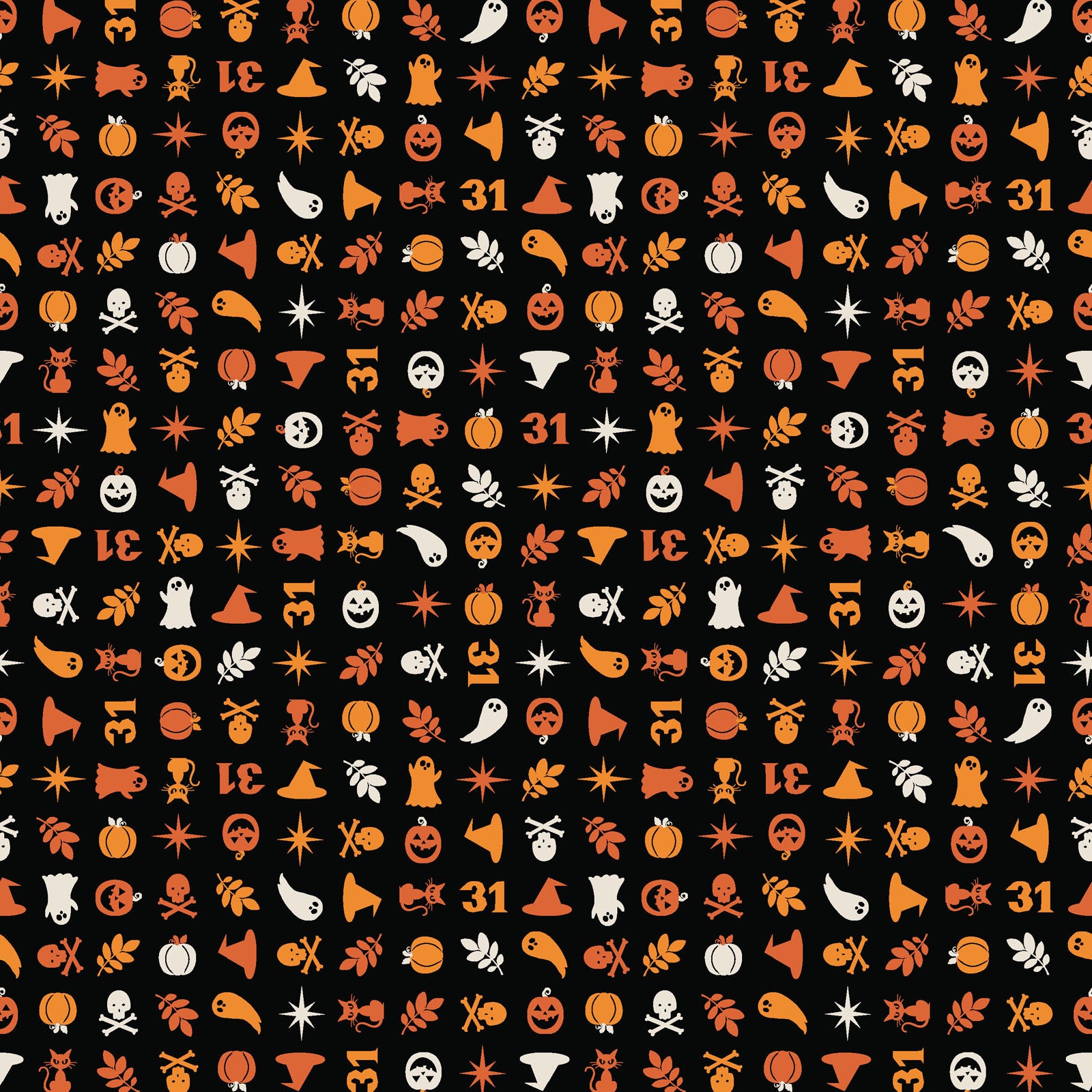 The Halloween Charms print in black (MAS10573-J) from the Pumpkin and Potions line by Kimberbell for Maywood Studio features pumpkins, witch hats, ghosts, cats, spiders and more. Photo shows details of the designs.