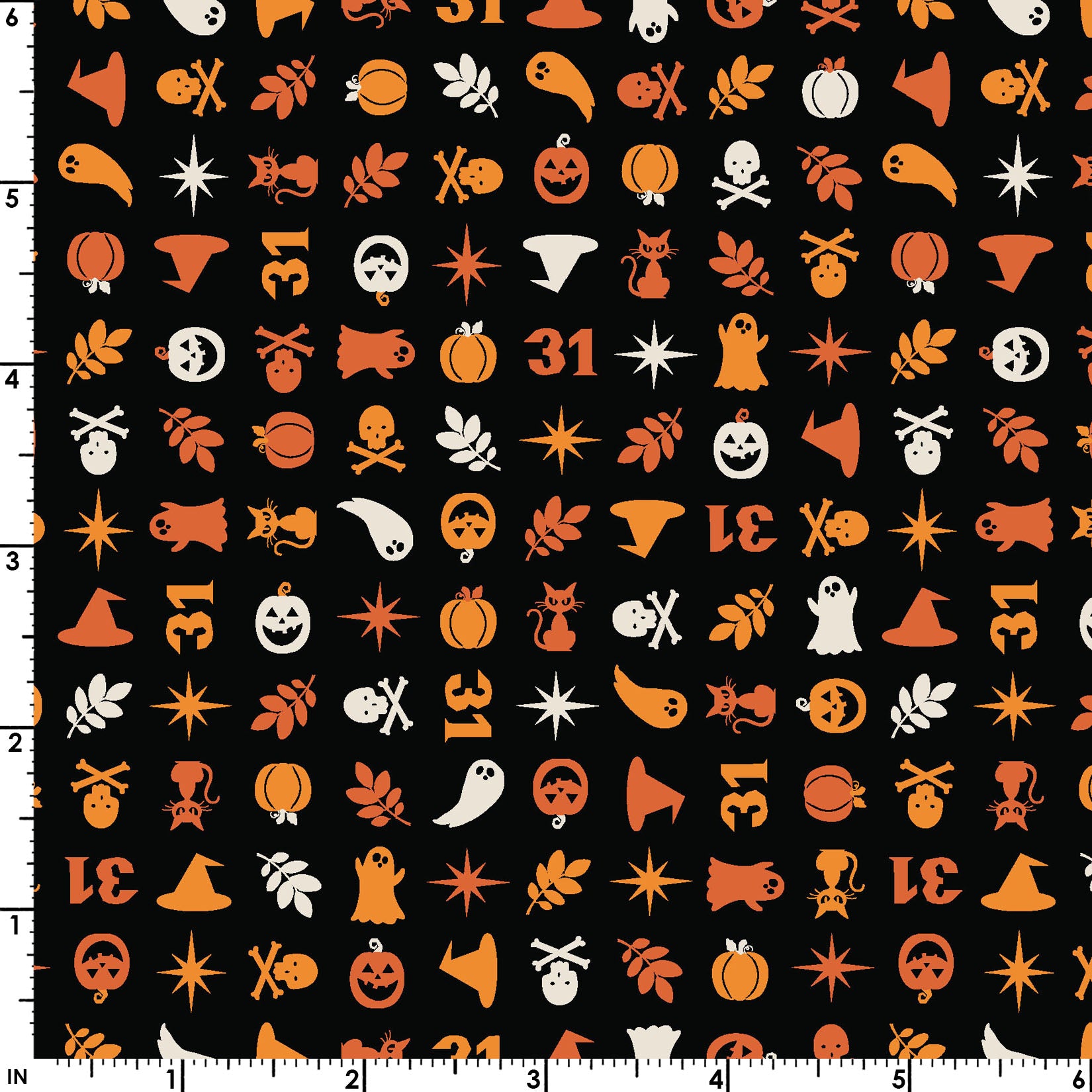 The Halloween Charms print in black (MAS10573-J) from the Pumpkin and Potions line by Kimberbell for Maywood Studio features pumpkins, witch hats, ghosts, cats, spiders and more. Photo shows details of the designs with a ruler to show the scale.