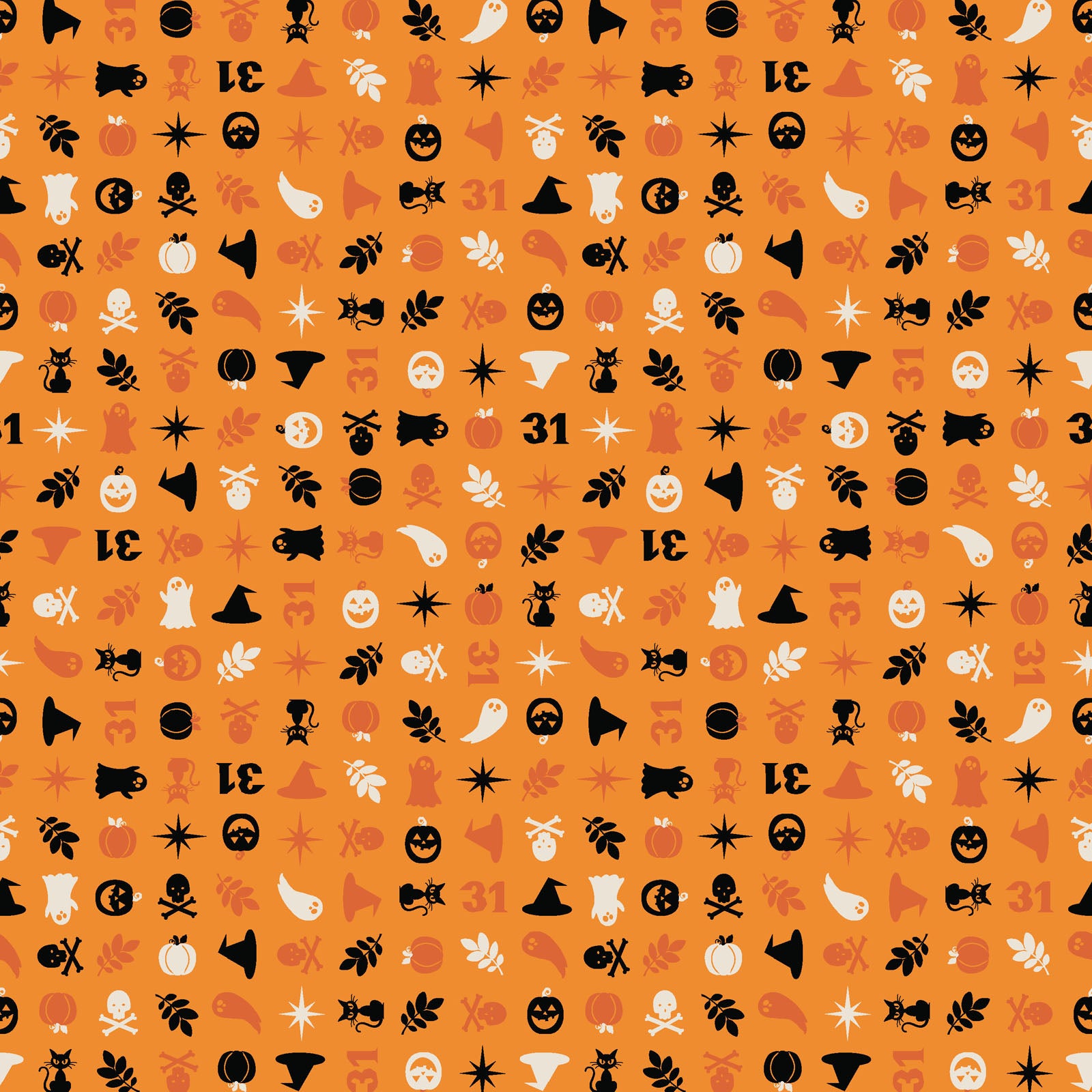 The Halloween Charms print in orange (MAS10573-O) from the Pumpkin and Potions line by Kimberbell for Maywood Studio features pumpkins, witch hats, ghosts, cats, spiders and more. Photo shows details of the designs.