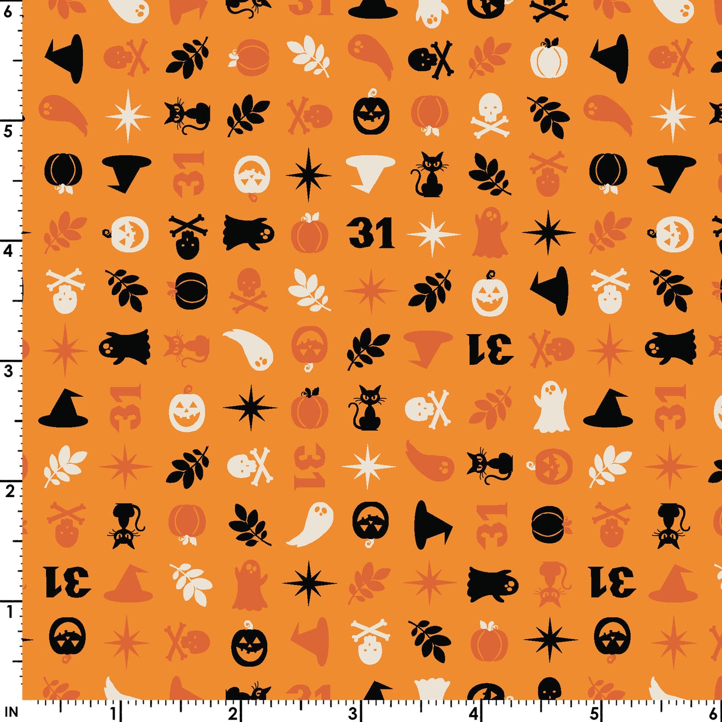 The Halloween Charms print in orange (MAS10573-O) from the Pumpkin and Potions line by Kimberbell for Maywood Studio features pumpkins, witch hats, ghosts, cats, spiders and more. Photo shows details of the designs with a ruler to show the scale.