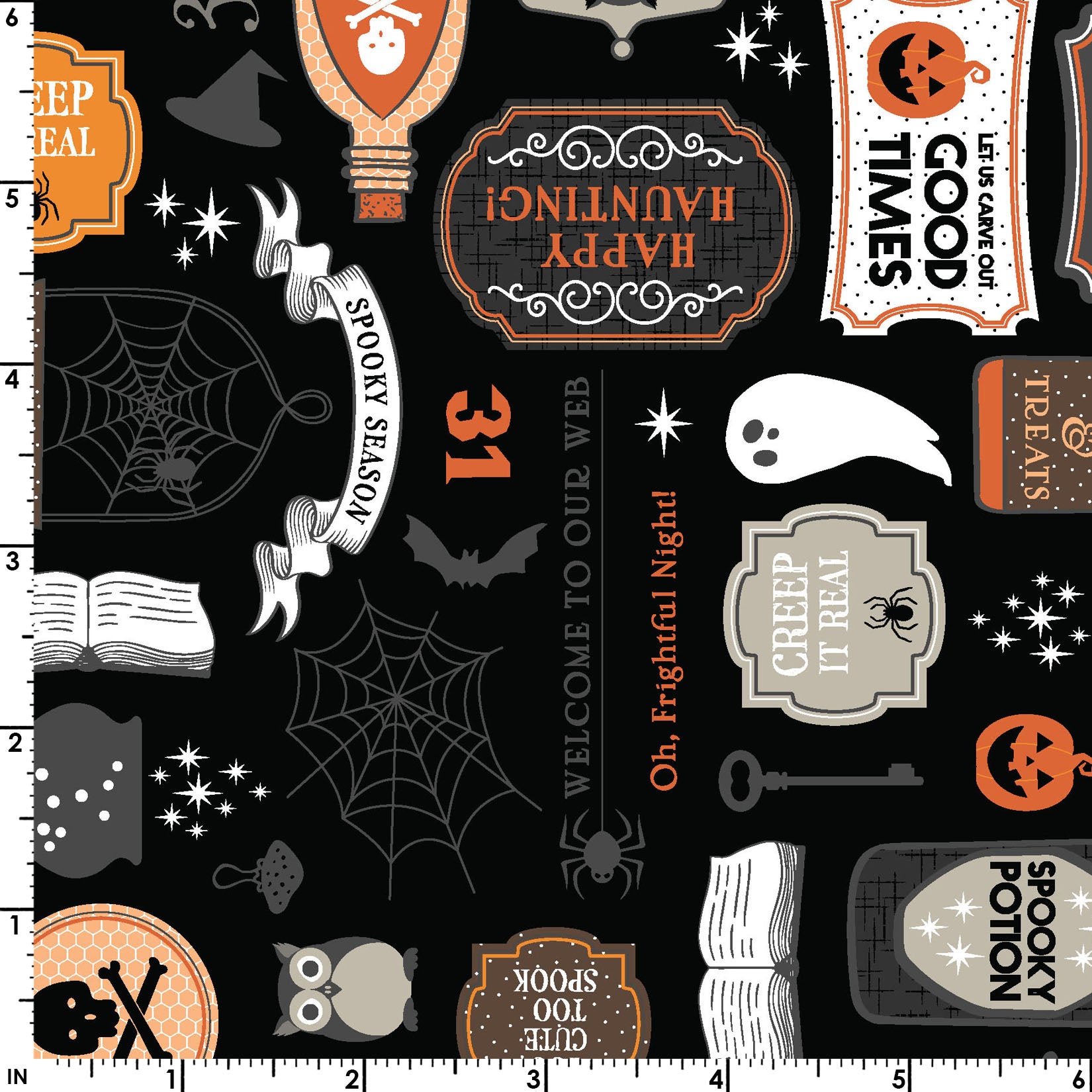 The Potions print on a black background (MAS10570-J) from the Pumpkin and Potions line by Kimberbell for Maywood Studio features elixir bottles, warning signs, ghosts, spiderwebs, and more. Photo shows details of the designs with a ruler to show the scale.