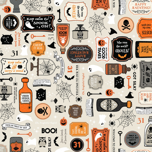 The Potions print on a cream background (MAS10570-E) from the Pumpkin and Potions line by Kimberbell for Maywood Studio features elixir bottles, warning signs, ghosts, spiderwebs, and more. Photo shows details of the designs.
