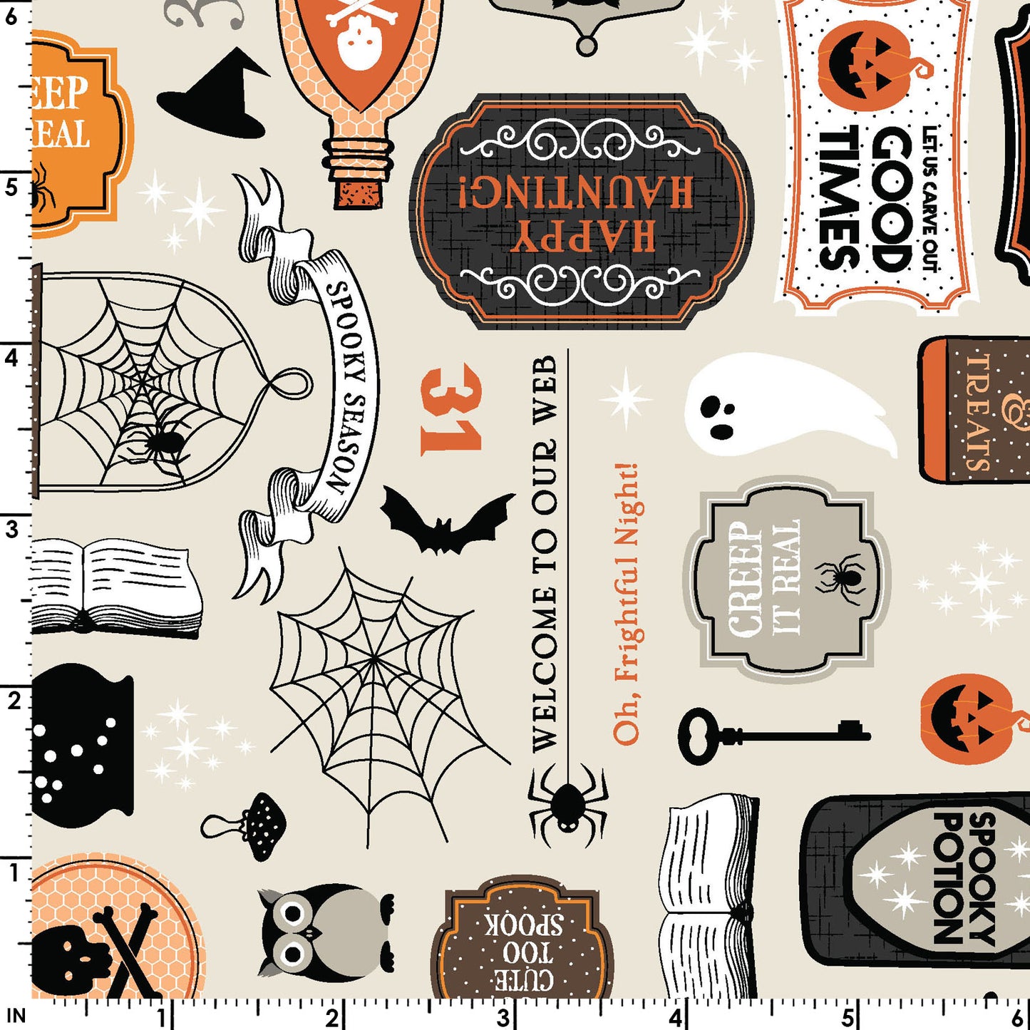 The Potions print on a cream background (MAS10570-E) from the Pumpkin and Potions line by Kimberbell for Maywood Studio features elixir bottles, warning signs, ghosts, spiderwebs, and more. Photo shows details of the designs with a ruler to show the scale.