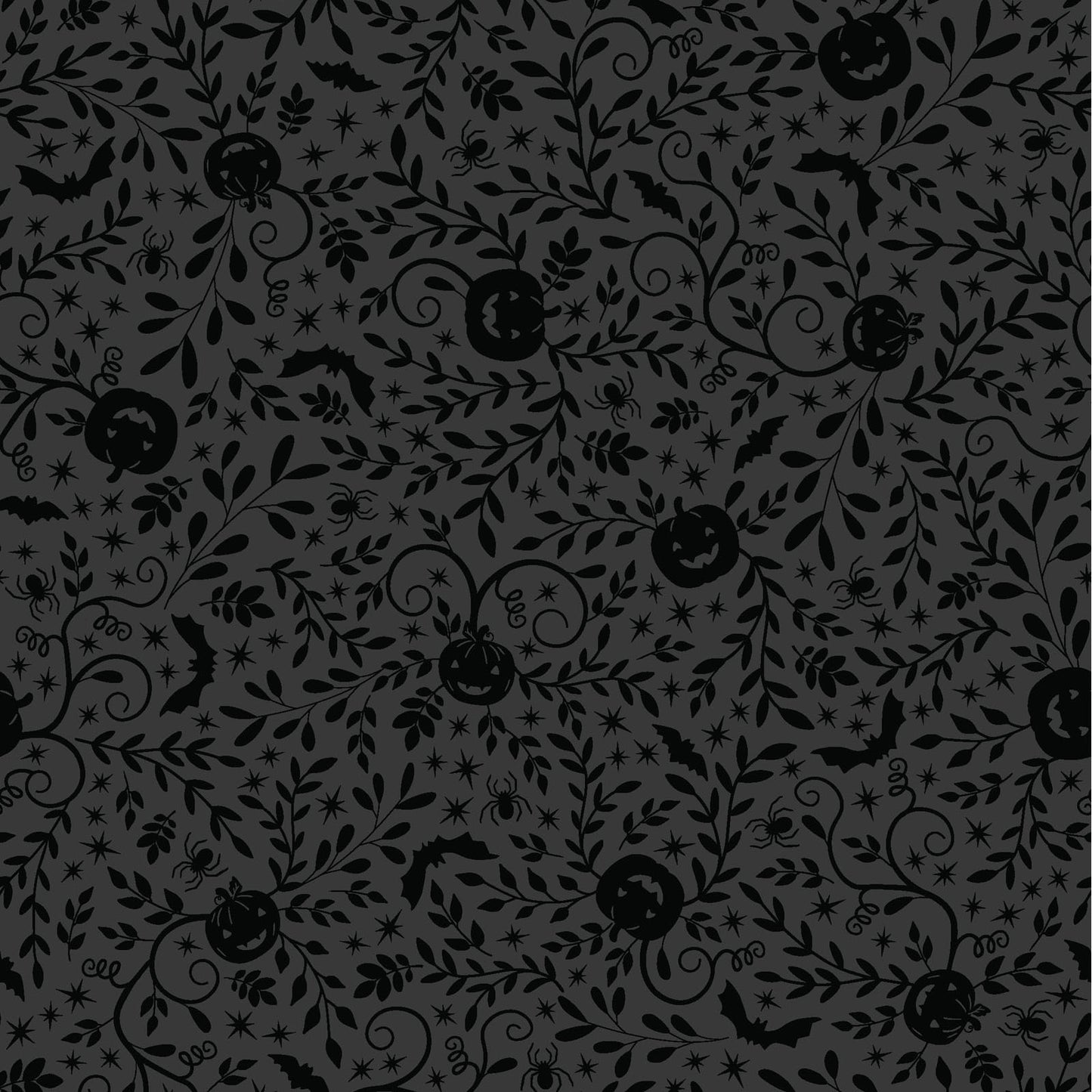 The Pumpkin Vines in black (MAS10572-J) print from the Pumpkin and Potions line by Kimberbell for Maywood Studio features tone on tone pumpkins, bats, and more. Photo shows details of the designs.