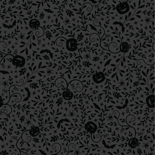 The Pumpkin Vines in black (MAS10572-J) print from the Pumpkin and Potions line by Kimberbell for Maywood Studio features tone on tone pumpkins, bats, and more. Photo shows details of the designs.