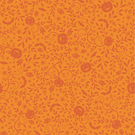 The Pumpkin Vines in orange (MAS10572-O) print from the Pumpkin and Potions line by Kimberbell for Maywood Studio features tone on tone pumpkins, bats, and more. Photo shows details of the designs.