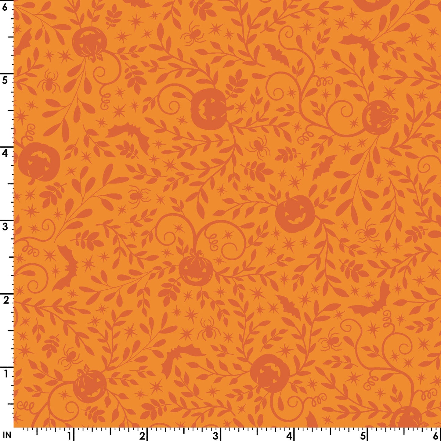 The Pumpkin Vines in orange (MAS10572-O) print from the Pumpkin and Potions line by Kimberbell for Maywood Studio features tone on tone pumpkins, bats, and more. Photo shows details of the designs with a ruler to show the scale.