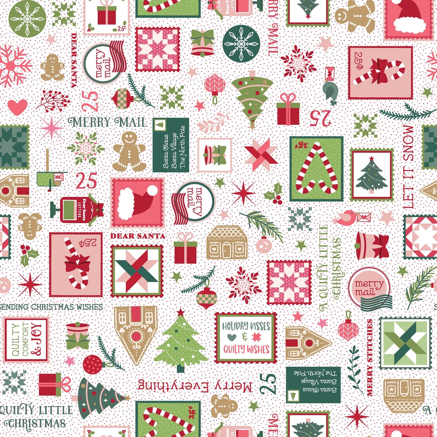 The Mail print from the A Quilty Little Christmas line by Kimberbell for Maywood Studio features a variety of everything your love about Chistmas, including quilt themed stamps, postage cancellations, tiny letters, trees, gingerbread, cheerful sayings and more. The Mail print is available in a white background with red dots (MAS10574-W).