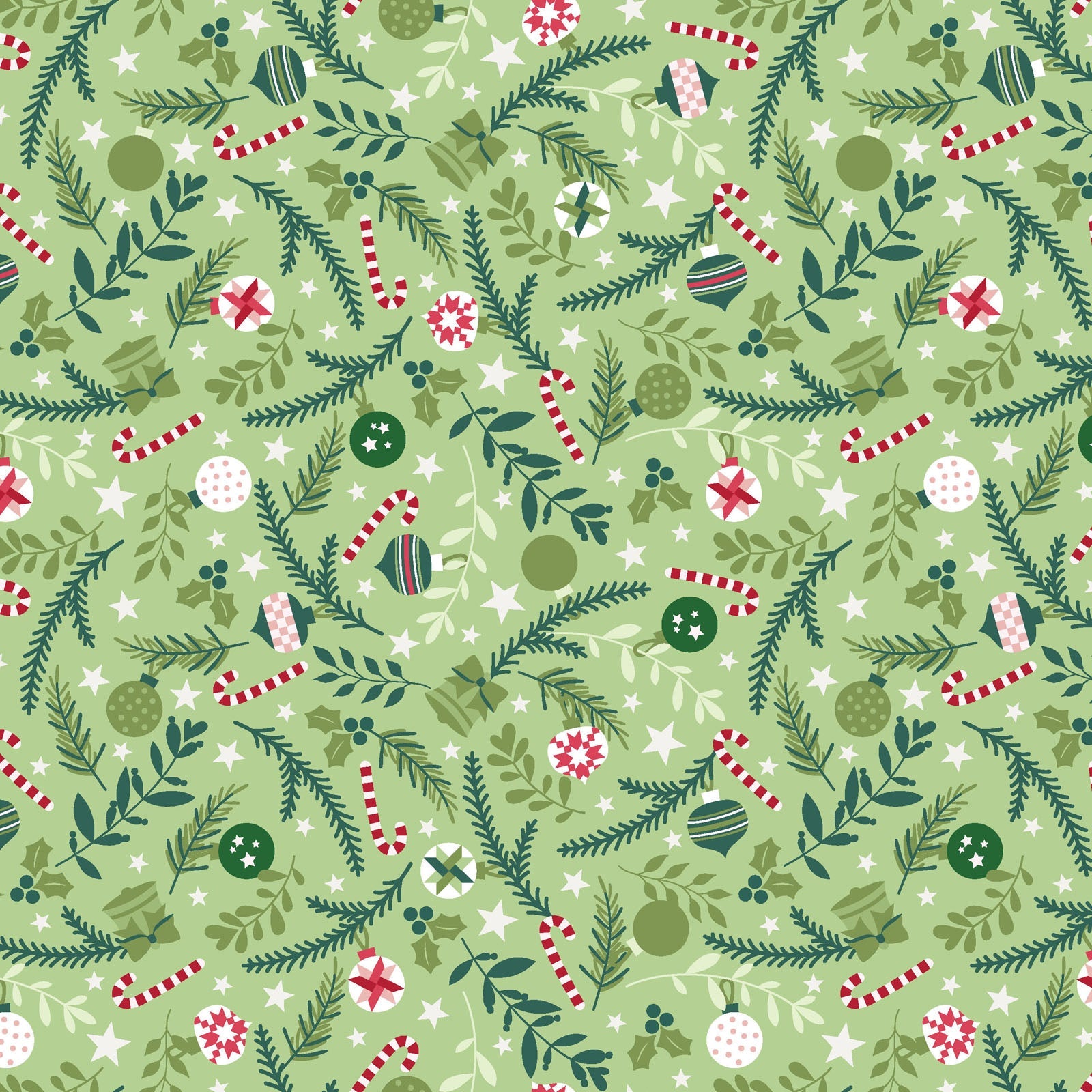 The Ornaments print from the A Quilty Little Christmas line by Kimberbell for Maywood Studio features a variety of shaped ornaments, bows, and bells in the colors of the season. The Ornaments print is available in Green (MAS10576-G) and White (MAS10576-W) backgrounds.