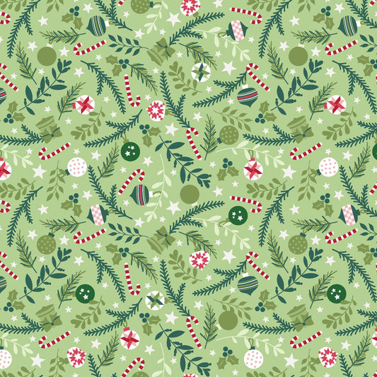 The Ornaments print from the A Quilty Little Christmas line by Kimberbell for Maywood Studio features a variety of shaped ornaments, bows, and bells in the colors of the season. The Ornaments print is available in Green (MAS10576-G) and White (MAS10576-W) backgrounds.