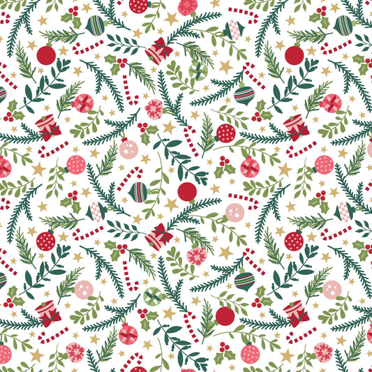 The Ornaments print from the A Quilty Little Christmas line by Kimberbell for Maywood Studio features a variety of shaped ornaments, bows, and bells in the colors of the season. The Ornaments print is available in Green (MAS10576-G) and White (MAS10576-W) backgrounds.