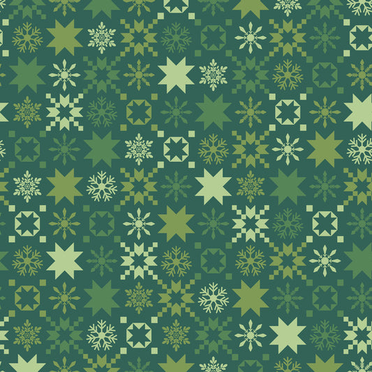 The Snowflakes print from the A Quilty Little Christmas line by Kimberbell for Maywood Studio features snowflakes set in a variety of sizes and squares . The Snowflakes print is available in Green (MAS10577-G) and Red (MAS10577-R) backgrounds.