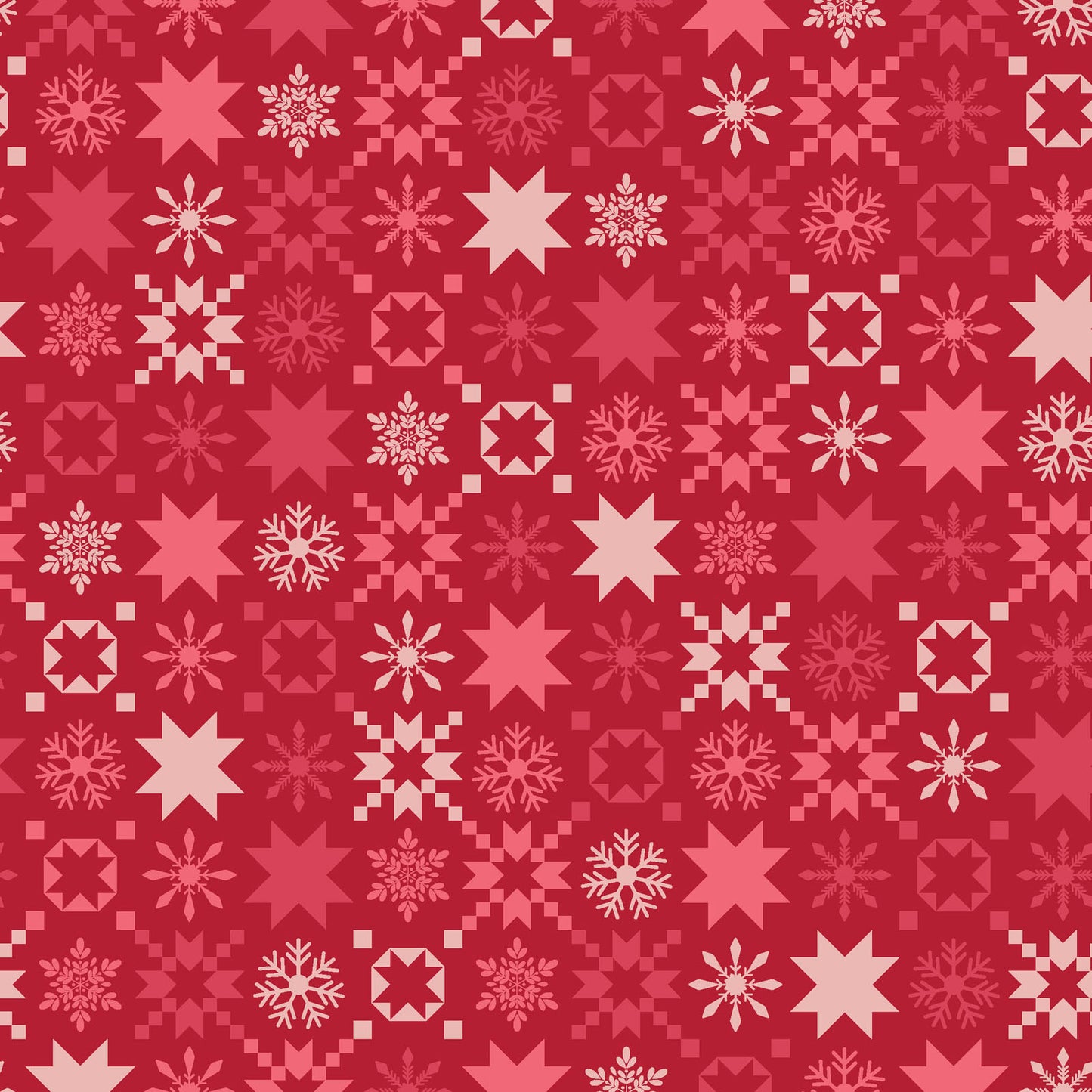 The Snowflakes print from the A Quilty Little Christmas line by Kimberbell for Maywood Studio features snowflakes set in a variety of sizes and squares . The Snowflakes print is available in Green (MAS10577-G) and Red (MAS10577-R) backgrounds.