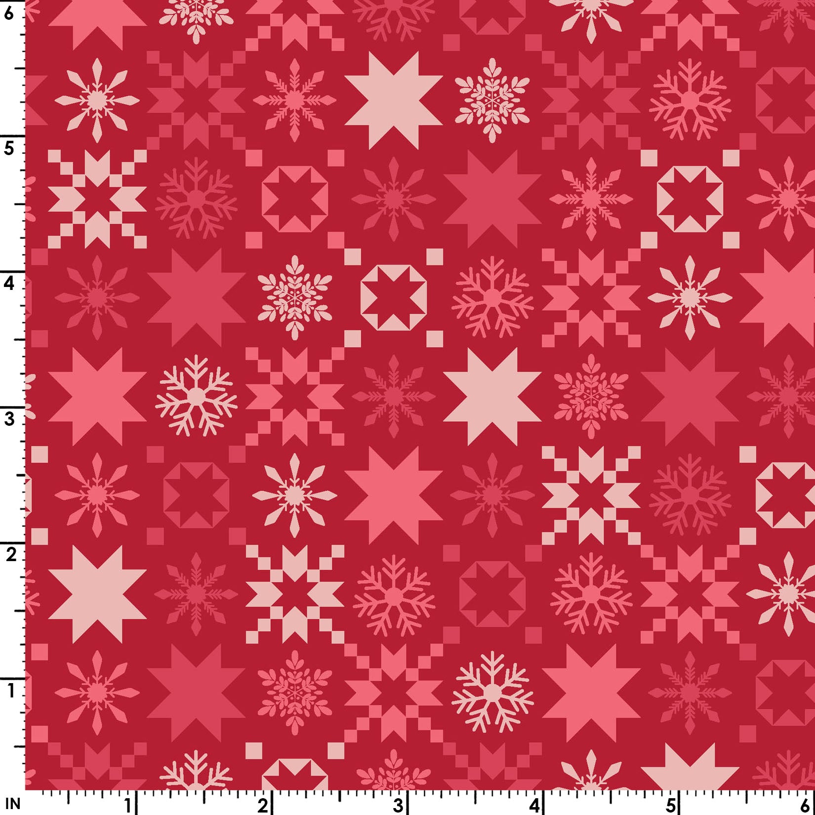 The Snowflakes print from the A Quilty Little Christmas line by Kimberbell for Maywood Studio features snowflakes set in a variety of sizes and squares . The Snowflakes print is available in Green (MAS10577-G) and Red (MAS10577-R) backgrounds. Image shows fabric with a ruler to show scale of print.