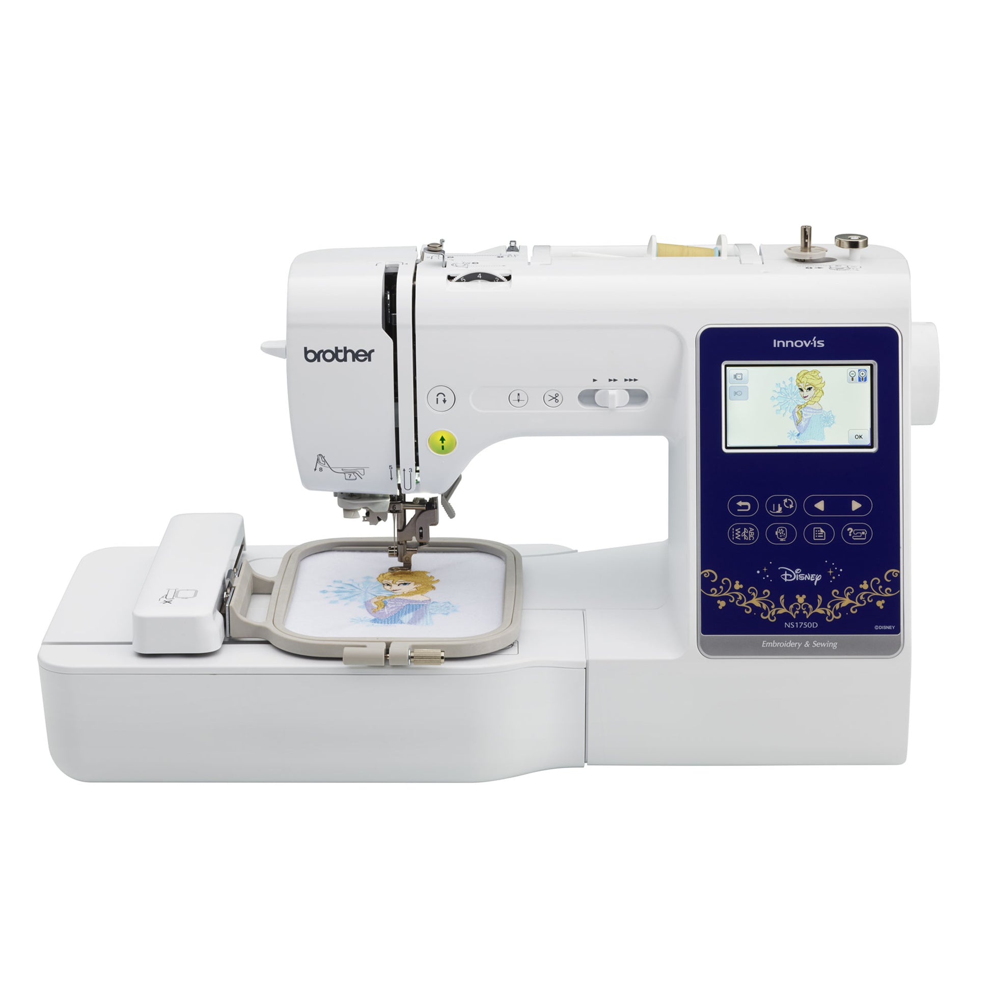 Brother NS1750D sewing machine with embroidery hoop on a white background