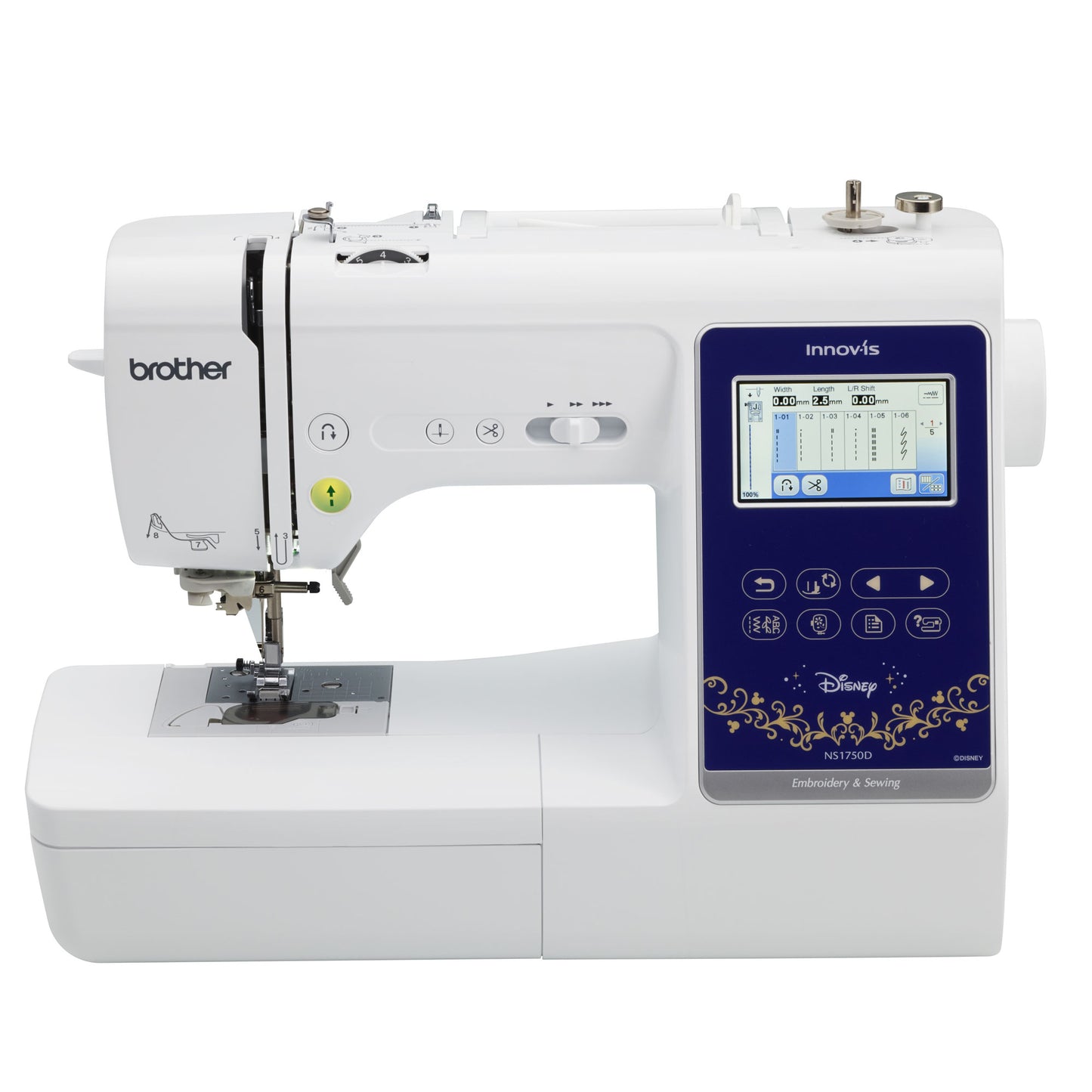Brother NS1750D sewing machine with digital display on a white background