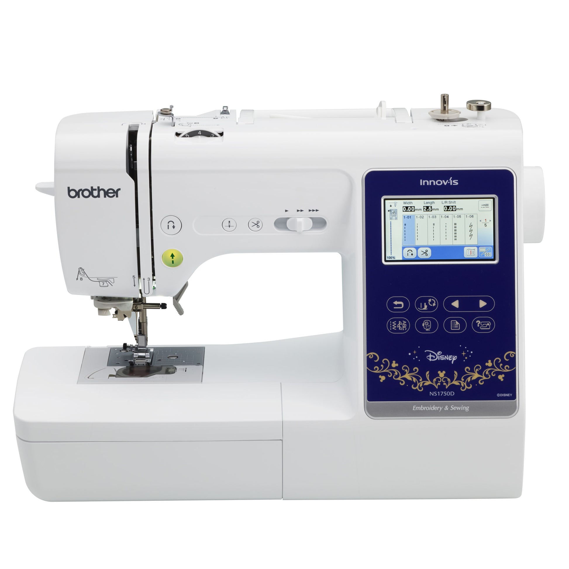 Brother NS1750D sewing machine with digital display on a white background