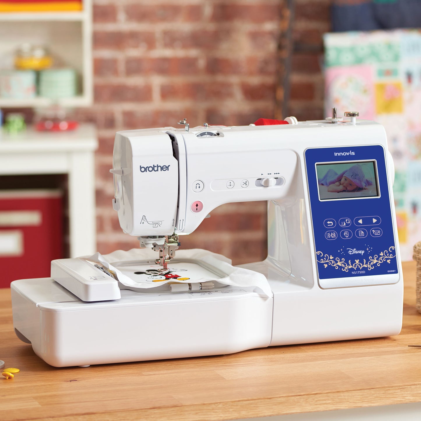 Brother NS1750D sewing machine on a wooden table with a blurred background