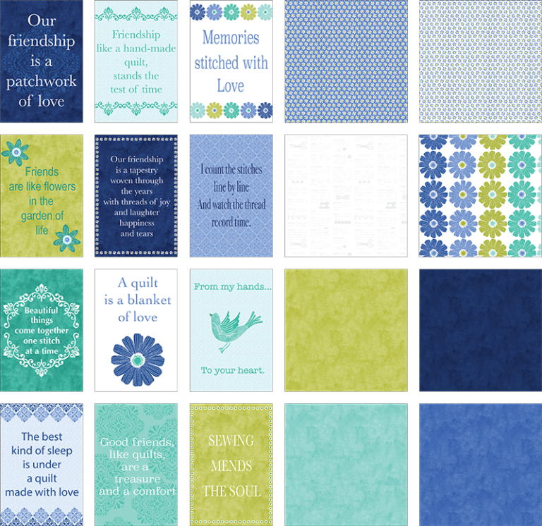 Detail of panel and fabrics included in the Quilters Chalk Quilt Kit in Blue