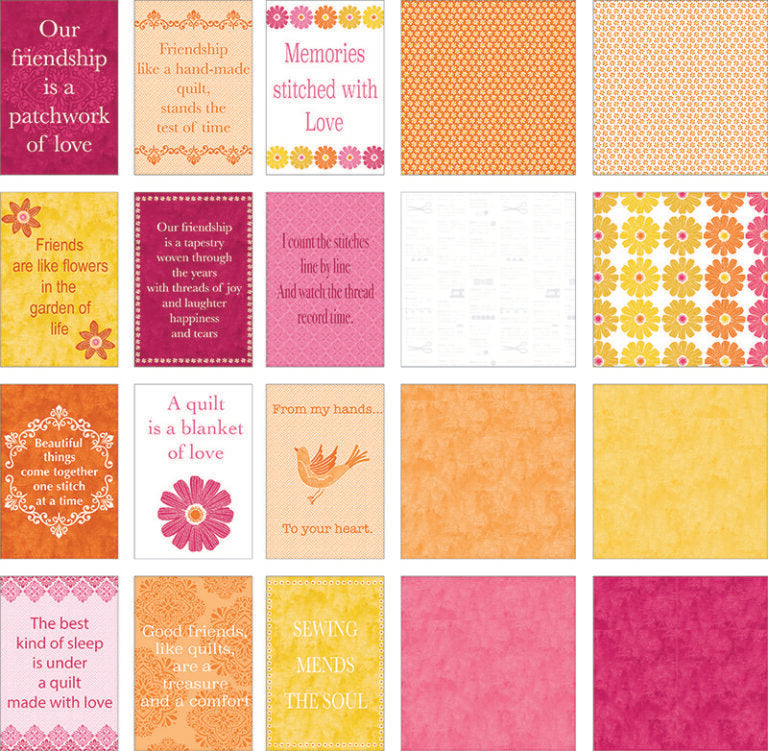 Detail of panel and fabrics included in the Quilters Chalk Quilt Kit in pink, orange and yellow.