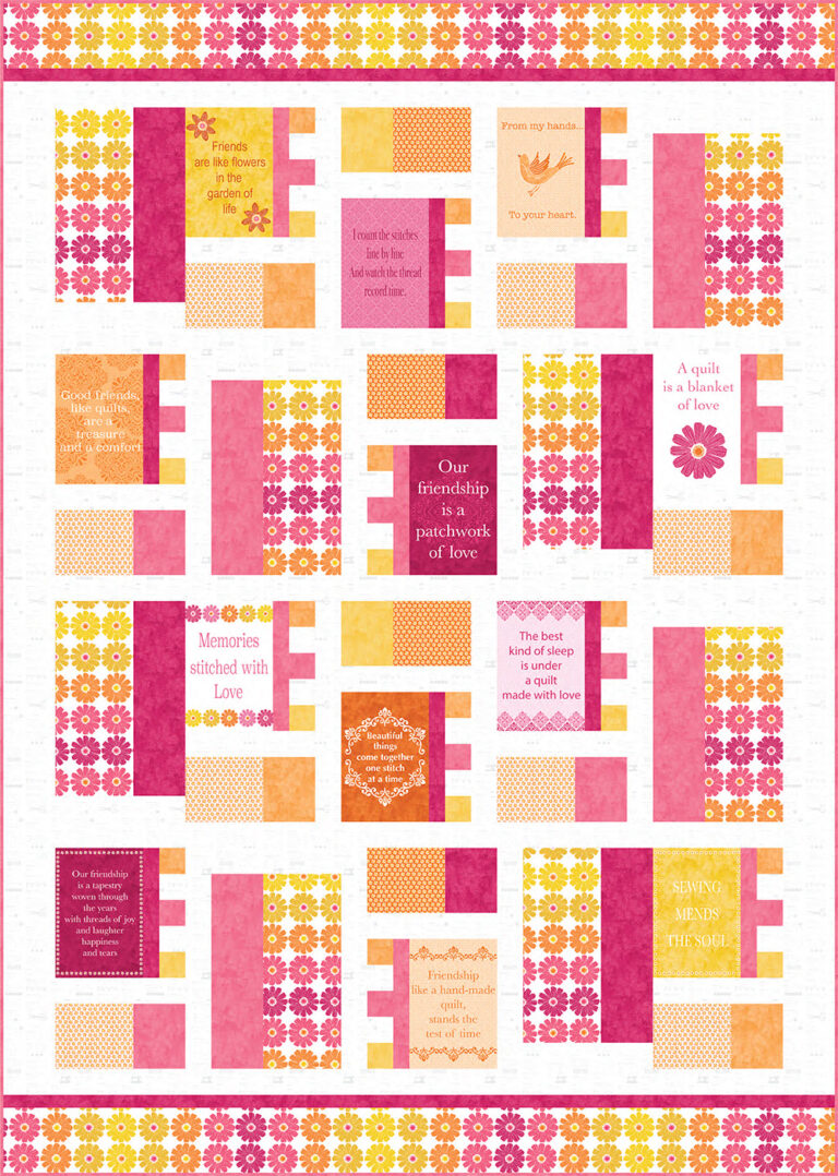 Quilt kit sample in the pink, orange, and yellow colorway. It is a patchwork quilt incorporating the panel, ombre border, and colored solids on a white background.