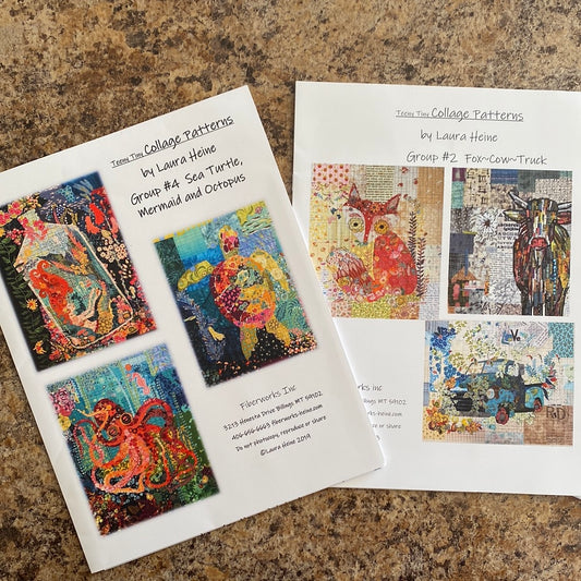 Cover of two patterns featuring various abstract and colorful collage patterns, labeled as 'Teeny Tiny Collage Patterns' by Laura Heine.