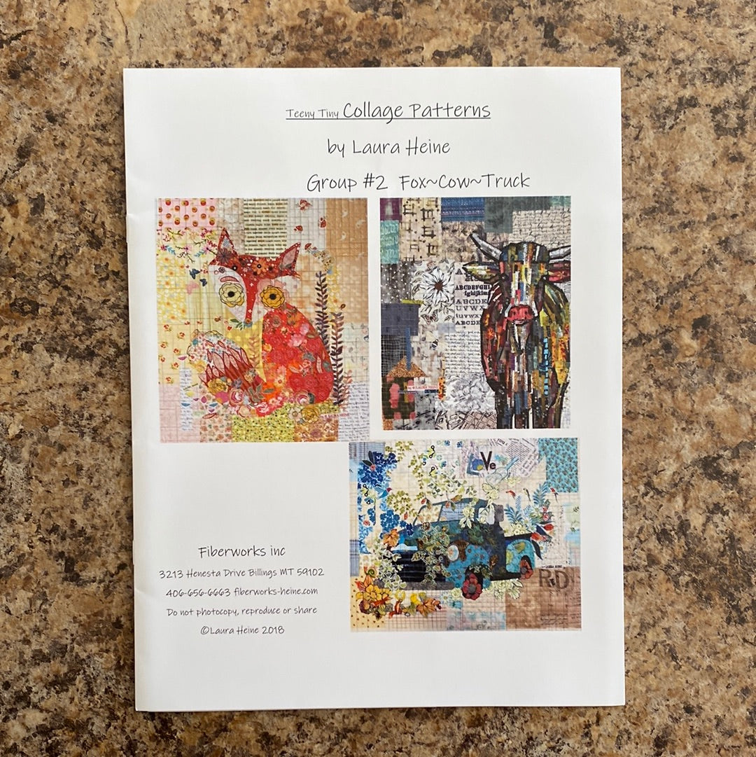 Teeny Tiny Collage Pattern Group 2 Front Cover showing the included colorful collage patterns of a fox, a cow, and a blue truck.