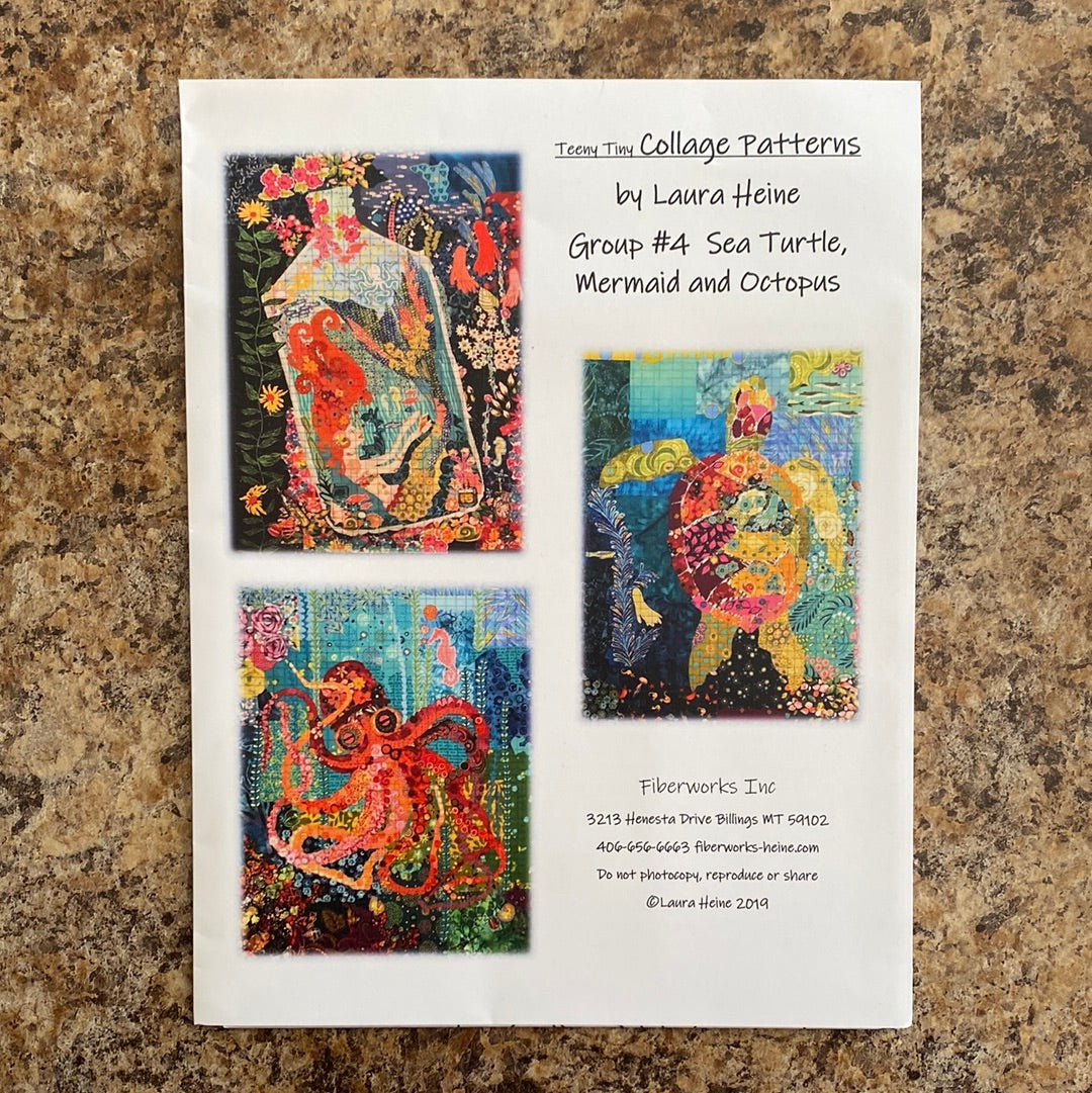 Front cover of Teeny Tine Collage Patterns Group four, featuring colorful collages of the included projects, which are a Sea Turtle, Octopus, and Mermaid.