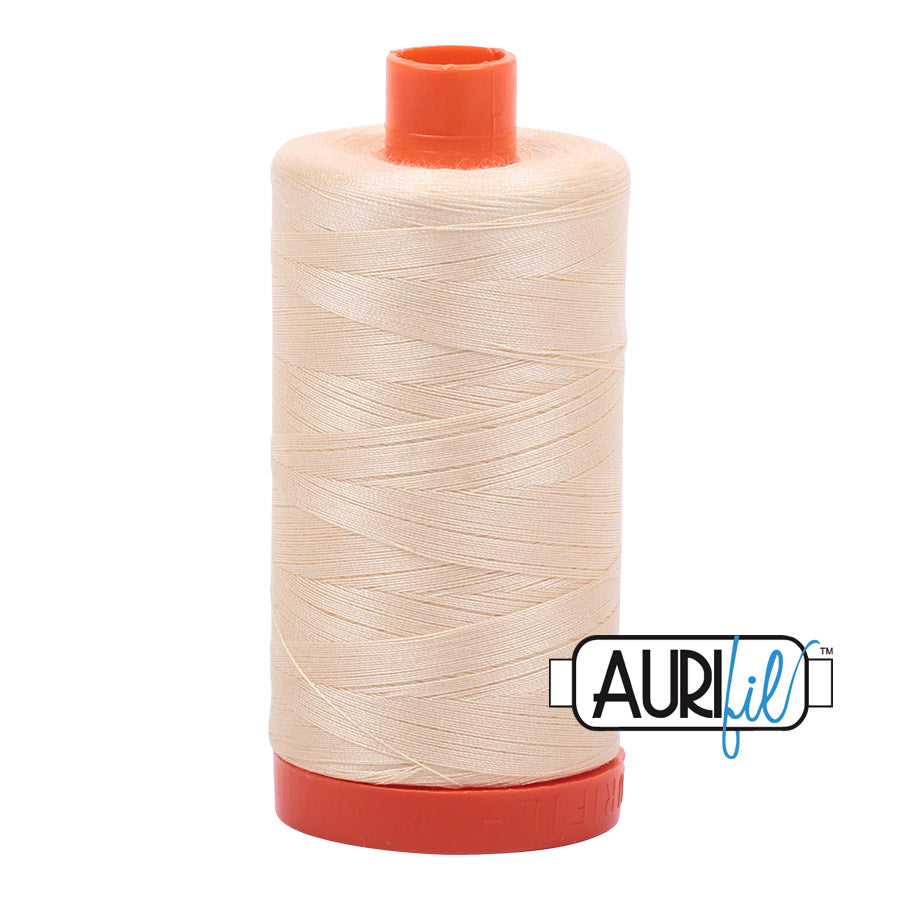 Aurifil 50 wt. cotton thread offers versatility, strength, and radiant color with very little lint on each 1,422 yard large spool. Butter (2123) is a pale yellow, but is definitely not a cream. Stitcher's Joy