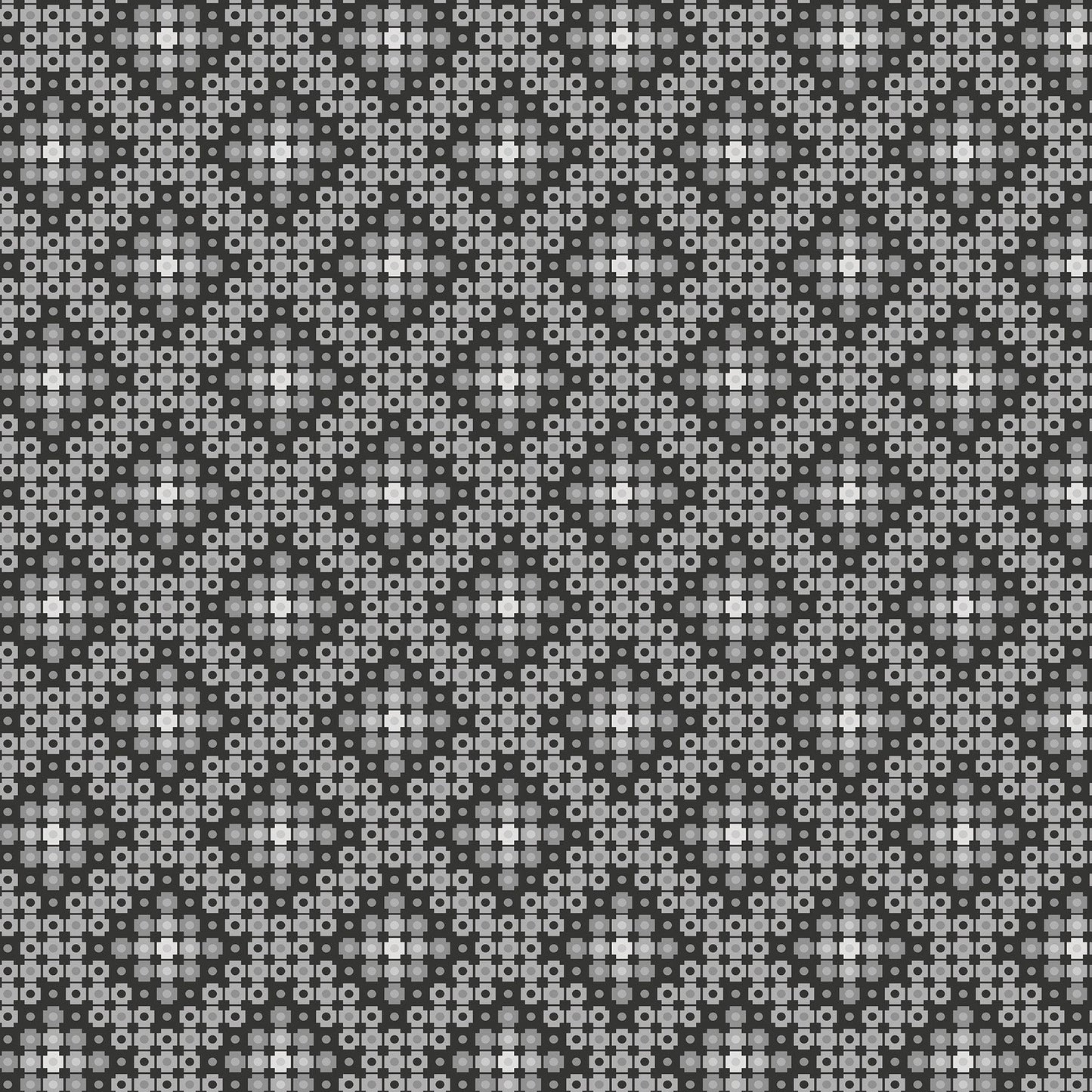  Crossweave in charcoal (13266-13)  is from Stitchy by Christa Watson for Benartex. The crossweave print features pixelated shapes in shades of gray ranging from white to black. The geometric pattern creates a striking contrast to the modern blenders presented in the rest of the line, and provides a balanced texture and interest to your project.