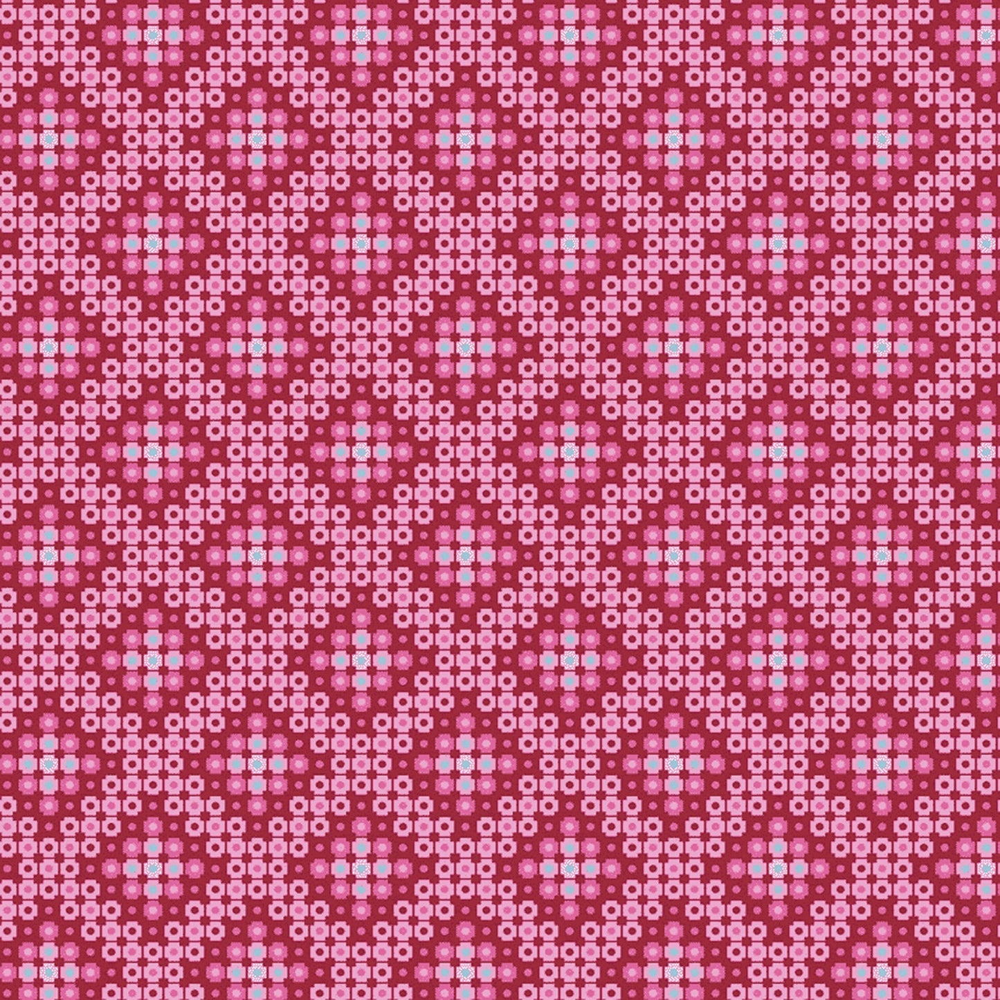  Crossweave in fuschia (13266-24)  is from Stitchy by Christa Watson for Benartex. The crossweave print features pixelated shapes in shades of pink ranging from pale pink to red, with a hint of blue. The geometric pattern creates a striking contrast to the modern blenders presented in the rest of the line, and provides a balanced texture and interest to your project.